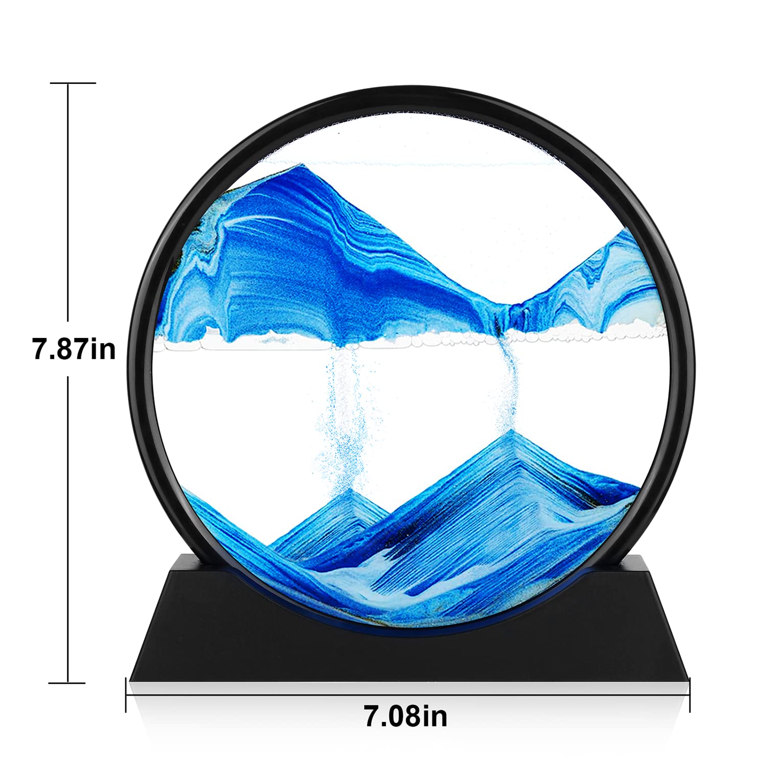 Herecanli Moving Sand Art blue round glass 7in on bookshelf for mood enhancement.