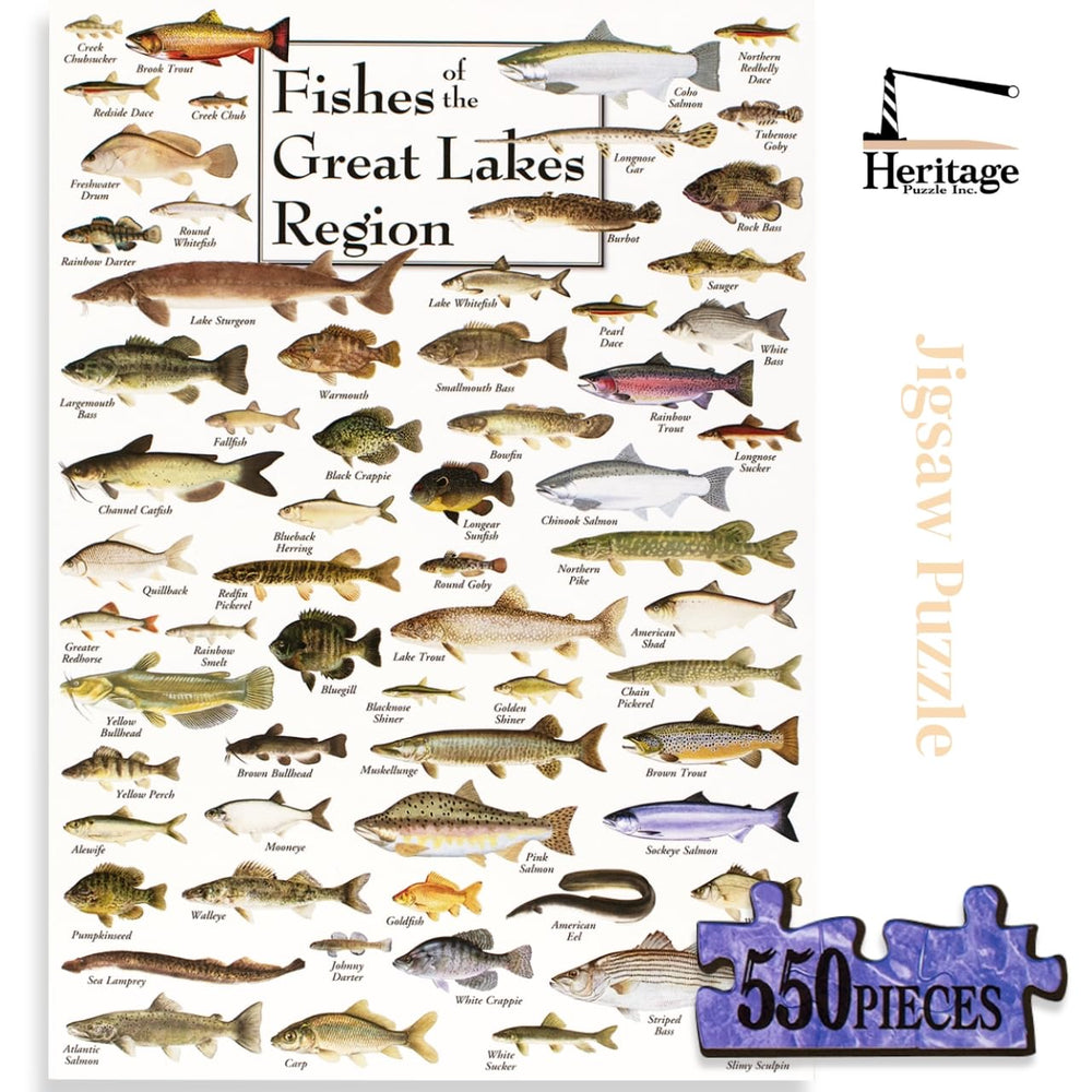 Heritage Puzzle Fishes of the Great Lakes illustration shows 106 species for educational fun.