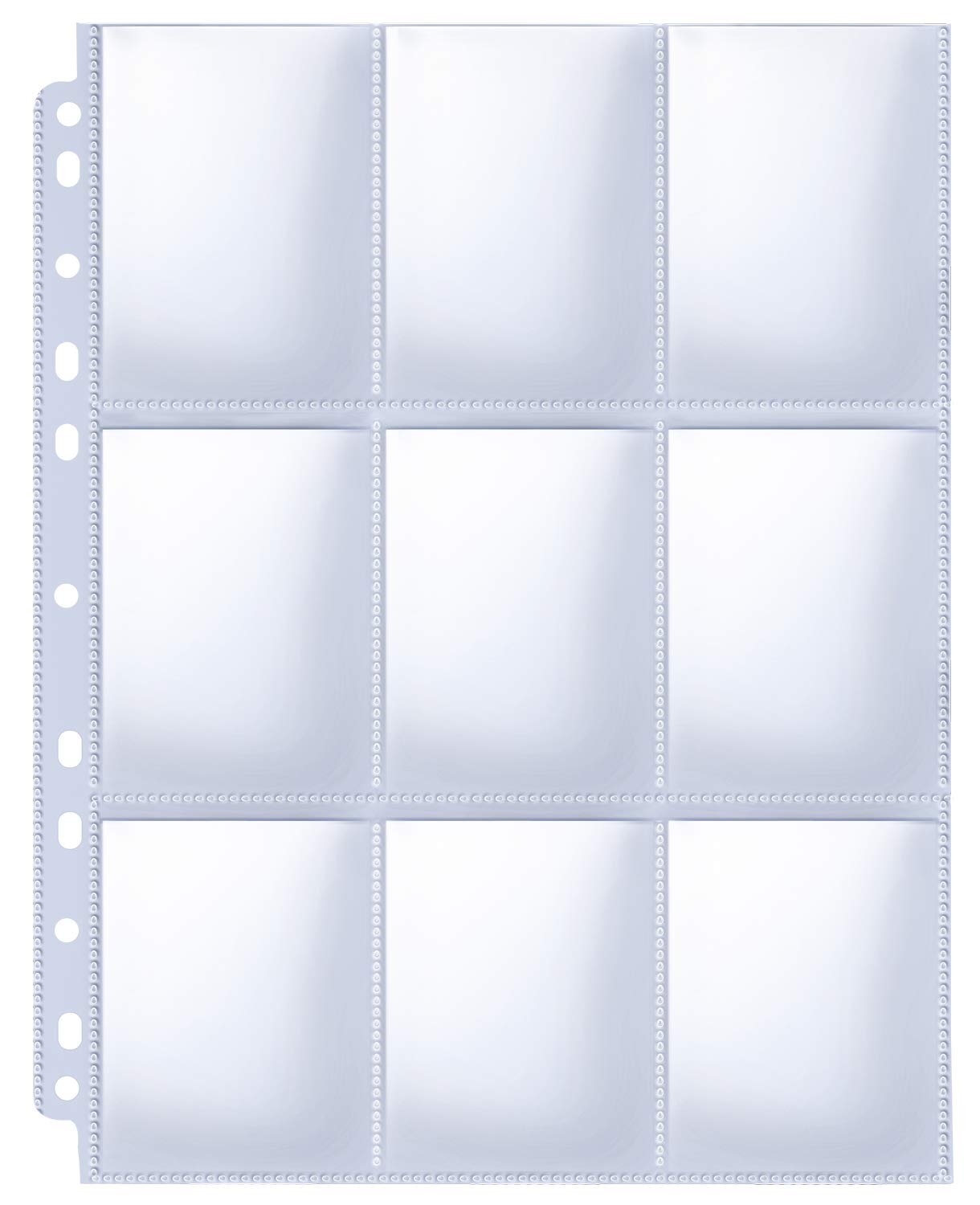 HERKKA trading card sleeve pages showing 9-pocket layout with 11-hole binder compatibility for secure storage