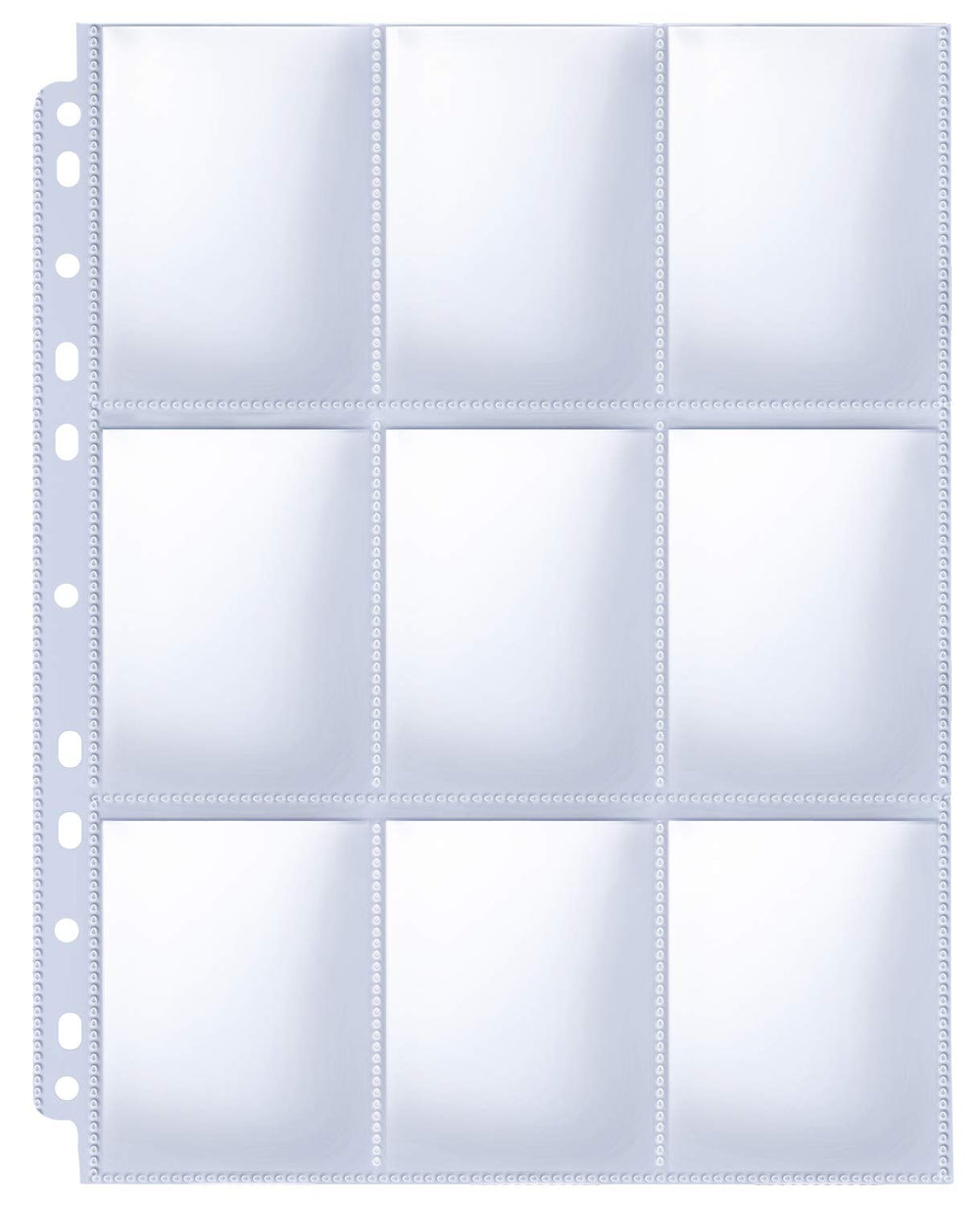 HERKKA trading card sleeve pages showing 9-pocket layout with 11-hole binder compatibility for secure storage