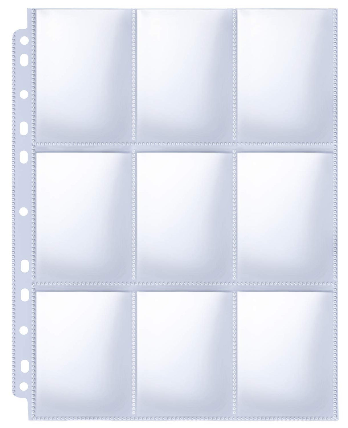 HERKKA trading card sleeve pages showing 9-pocket layout with 11-hole binder compatibility for secure storage
