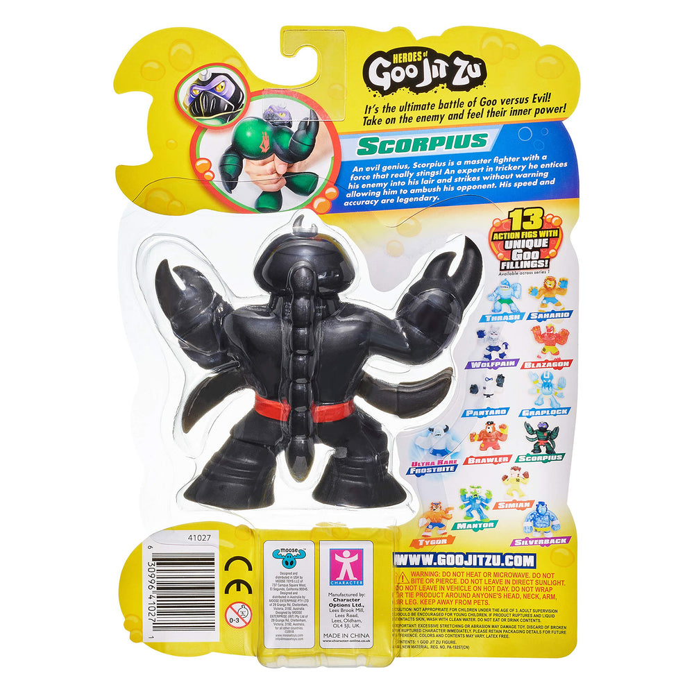 Packaging for Heroes of Goo Jit Zu Oozy Scorpion Scorpius supports gift-ready play.