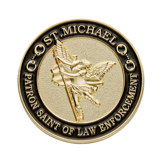 Hero's Valor St. Michael coin reverse, thin blue line tribute to officers.