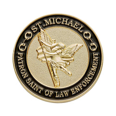 Hero's Valor St. Michael coin reverse, thin blue line tribute to officers.