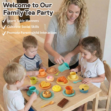 HERSITY tea cups and plates set promotes sharing and social skills.