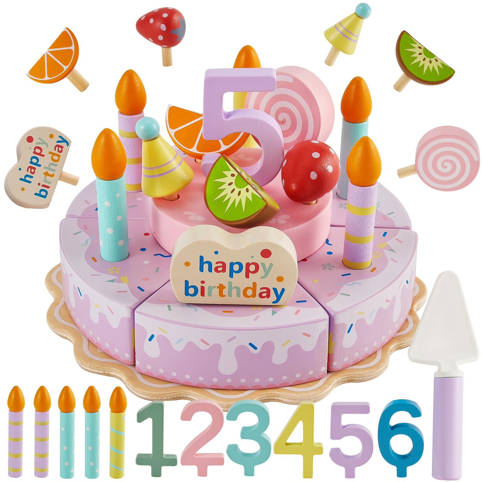 HERSITY wooden birthday cake toy plate, sturdy base for imaginative pretend play