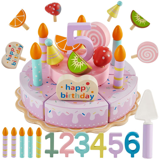 HERSITY wooden birthday cake toy plate, sturdy base for imaginative pretend play