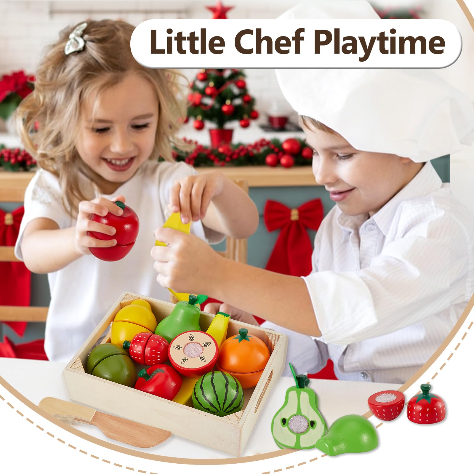 HERSITY wooden fruit apple image with click-together pieces for creative pretend meals.