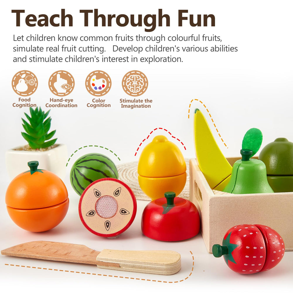 HERSITY wooden fruit banana image emphasizing slicing action and reassembly fun.