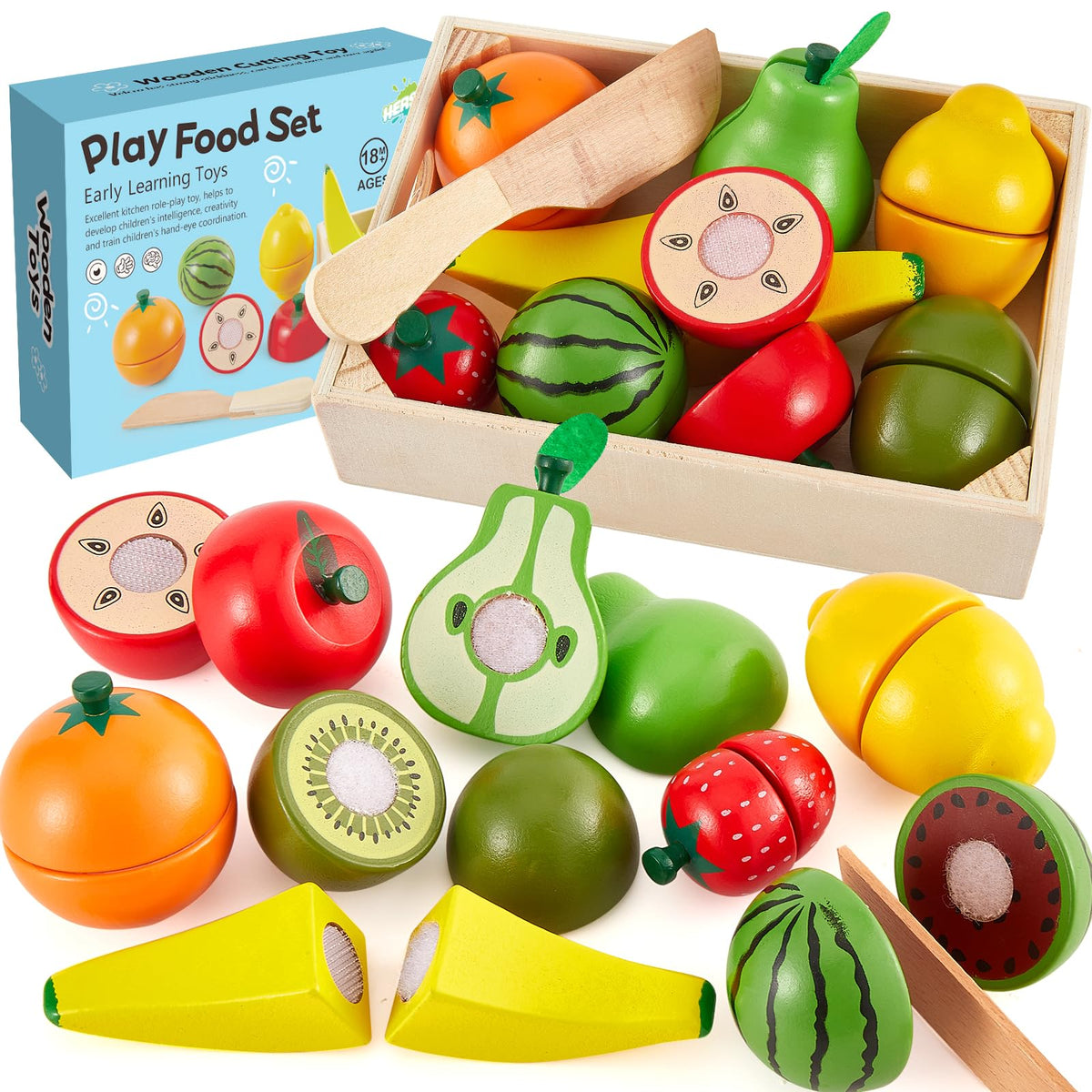 HERSITY wooden fruit orange set image showing pretend cutting and fine motor practice.