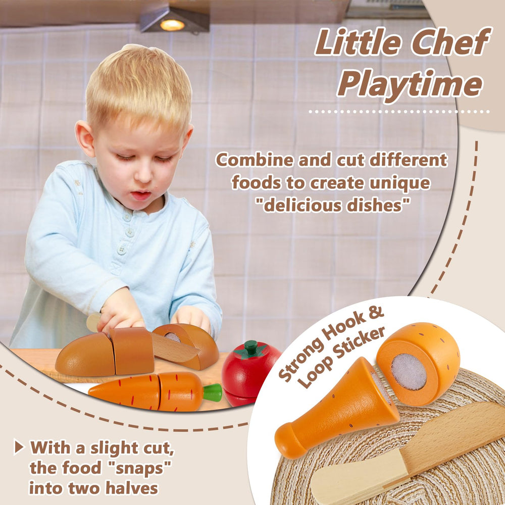 HERSITY wooden play food pieces closeup for tactile sorting and color recognition.