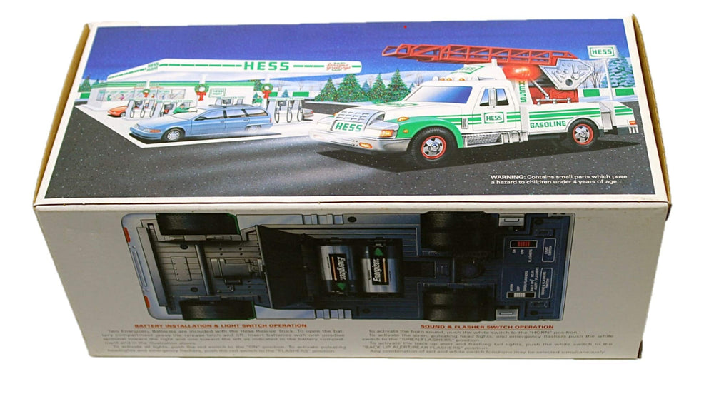 Hess 1994 Rescue Truck battery compartment powered by Energizer batteries for extended playtime.