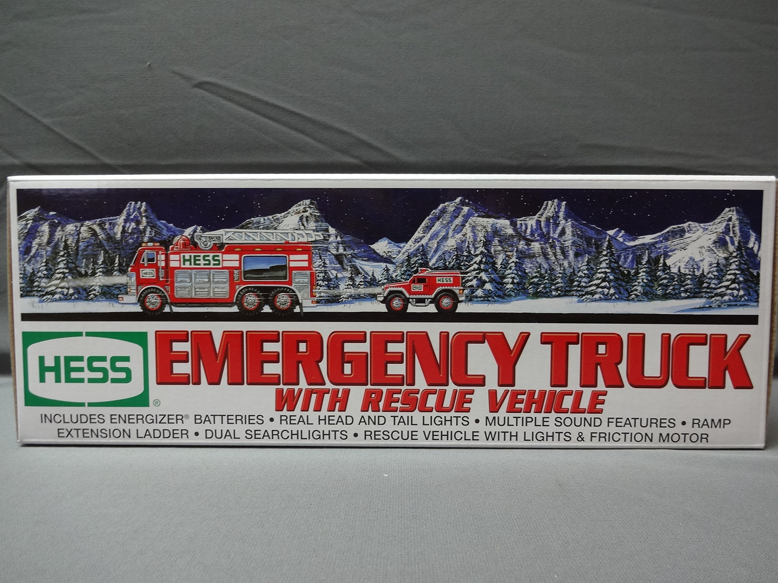 Hess 2005 emergency truck with rescue vehicle, front view with lights for authentic play.