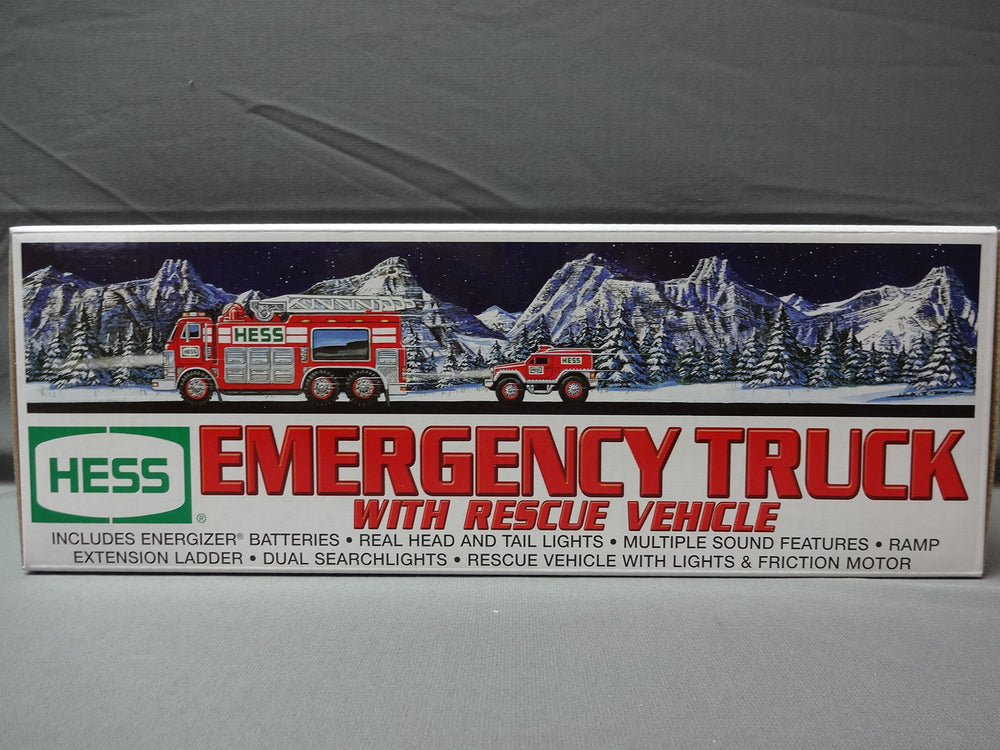 Hess 2005 emergency truck with rescue vehicle, front view with lights for authentic play.