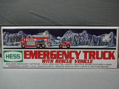 Hess 2005 emergency truck with rescue vehicle, front view with lights for authentic play.