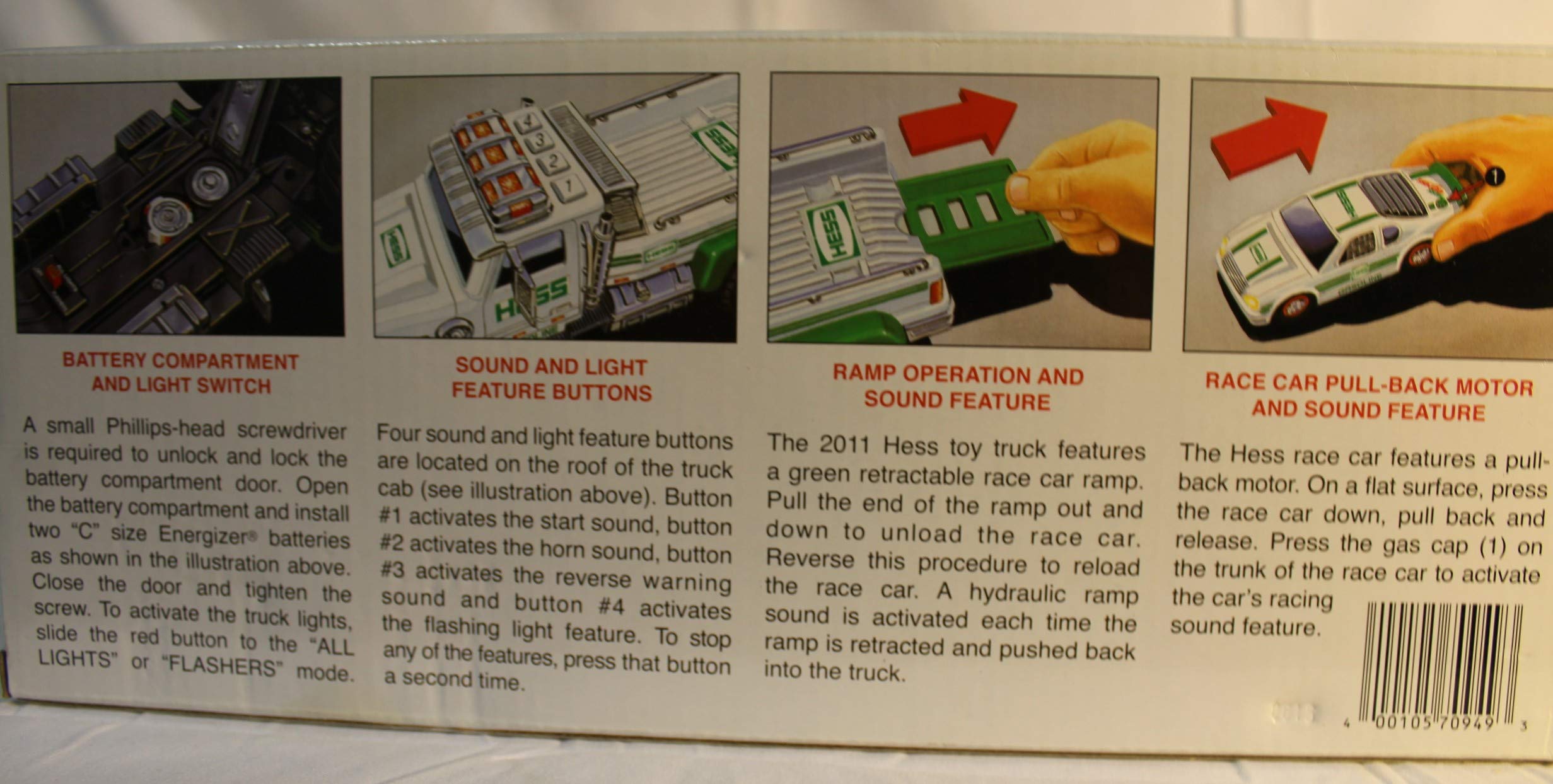 Hess 2011 toy truck and race car battery compartment illustrates ready-to-use setup