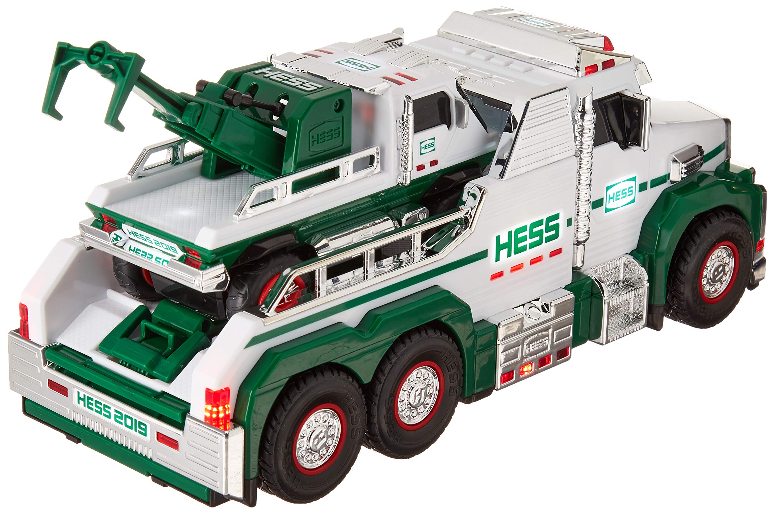 Hess 2019 Tow Truck Rescue Team includes a mini sport car ready for rescues.