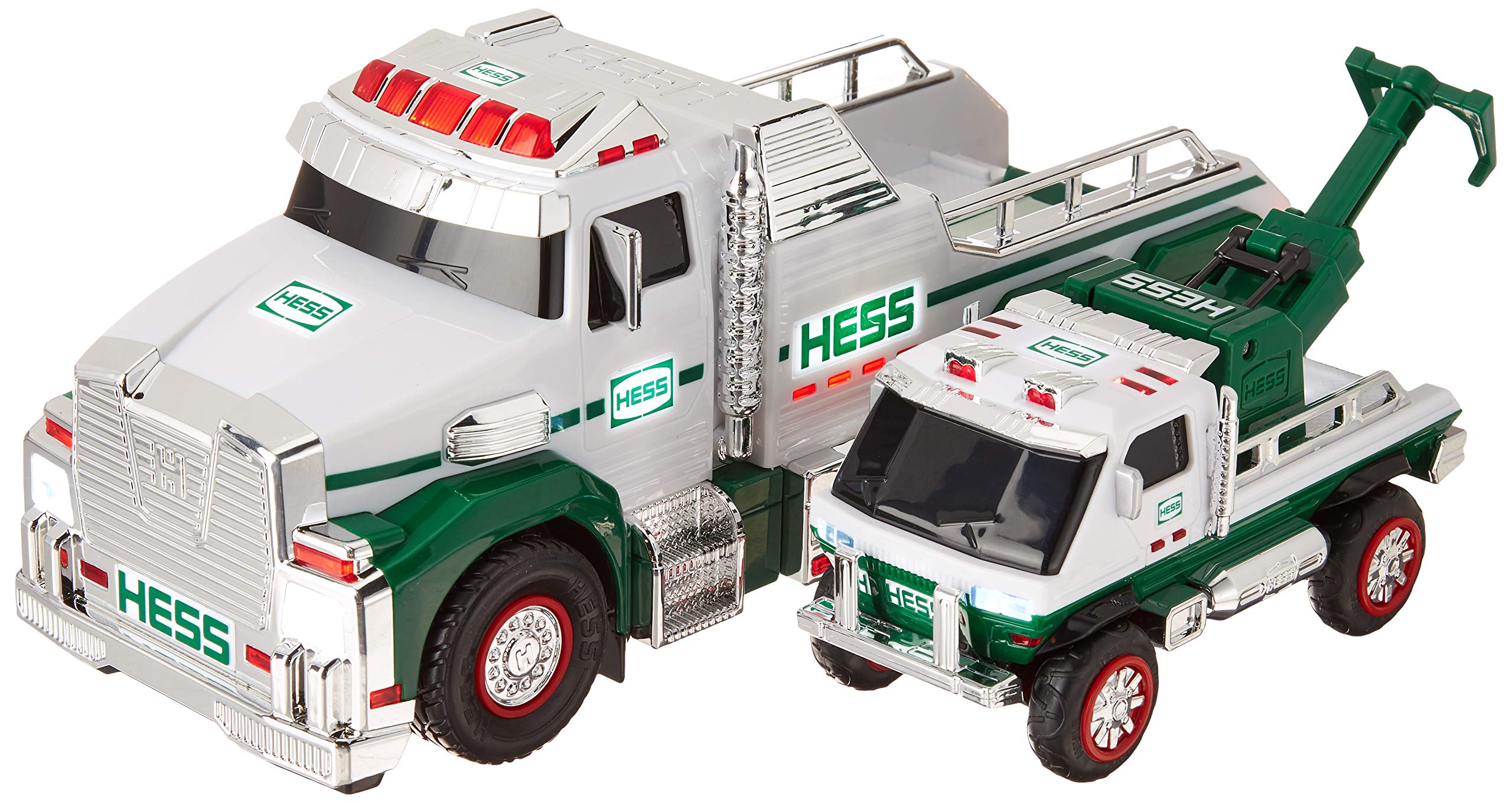 Hess 2019 Tow Truck Rescue Team with working lights and sounds enhances imaginative play.