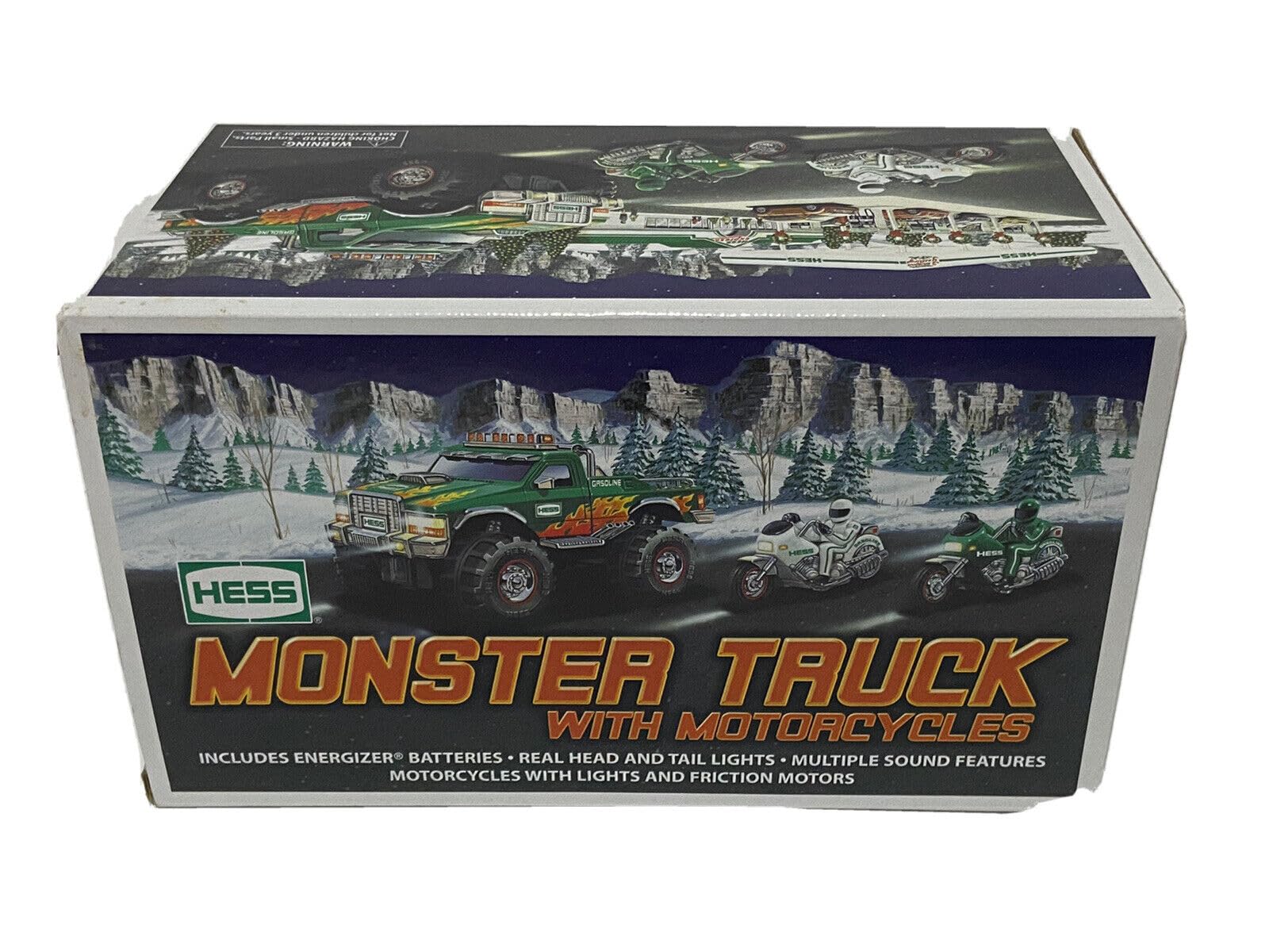 Hess C-46 2007 monster truck with motorcycles in green and white, lights and sounds for engaging play.