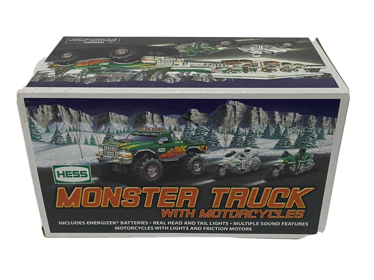 Hess C-46 2007 monster truck with motorcycles in green and white, lights and sounds for engaging play.