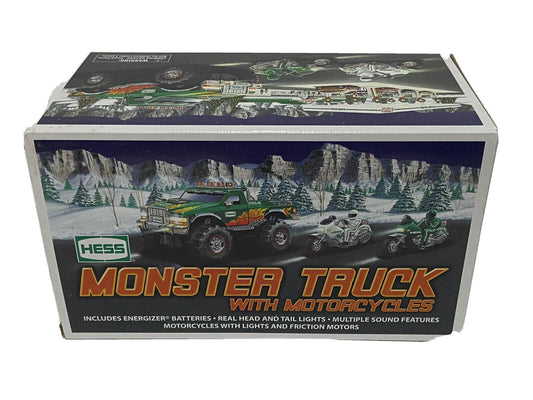 Hess C-46 2007 monster truck with motorcycles in green and white, lights and sounds for engaging play.