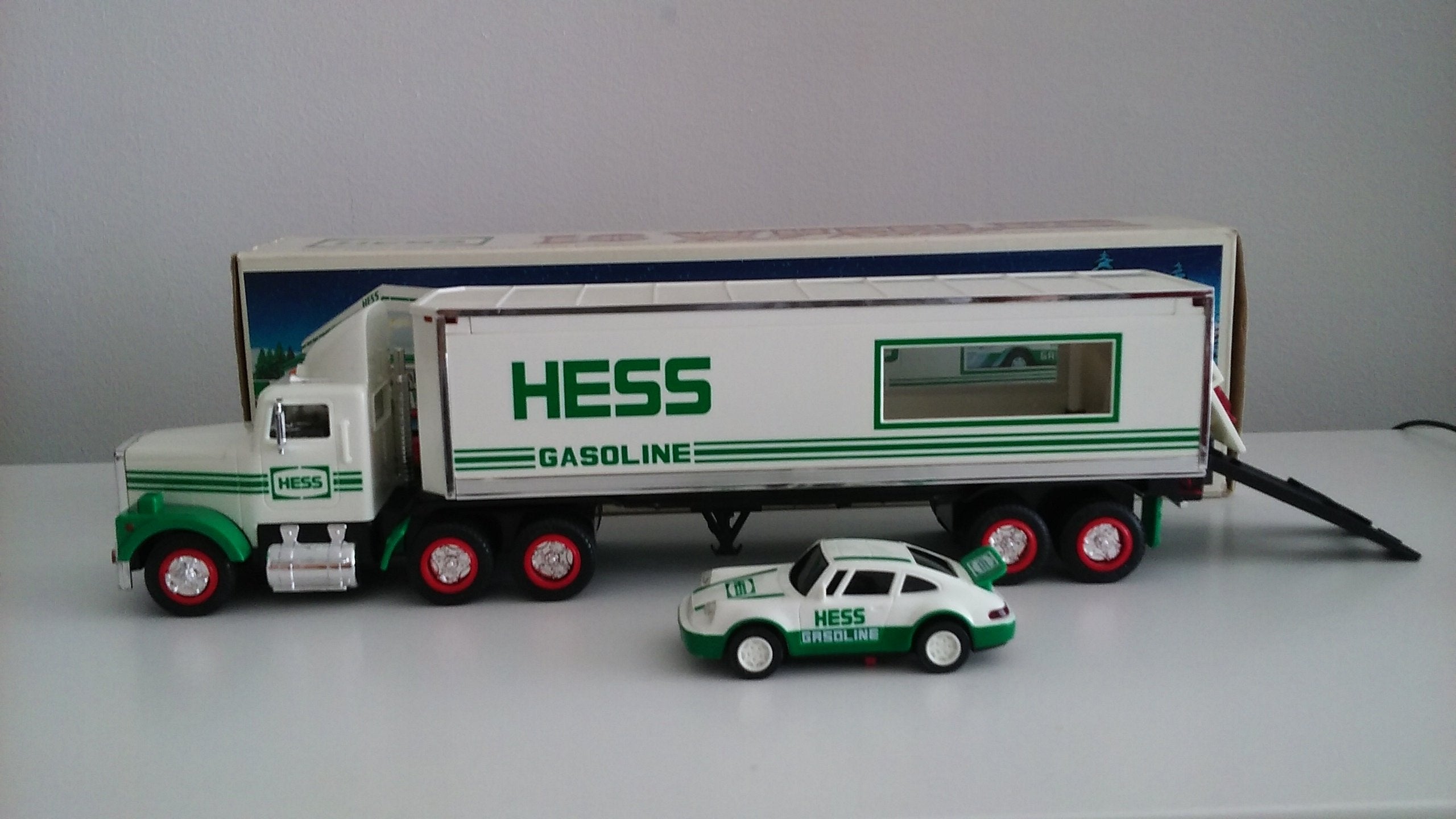 Hess Truck 18-wheeler on display, nostalgic collectible.