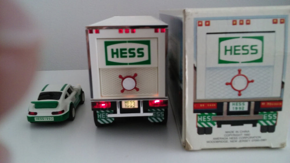 Hess two-vehicle set shown on shelf enhances any toy collection.