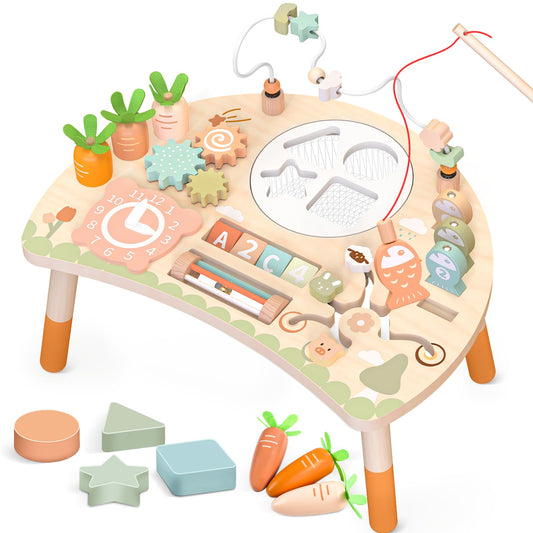 Hewaurorion 9-in-1 bead maze on a wooden table for fine motor play