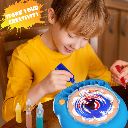 Hewaurorion spin-art machine setup shows simple button operation for quick, mess-free crafting