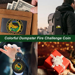 HEWJYDE Dumpster Fire Coin front view with vibrant design for desk decor