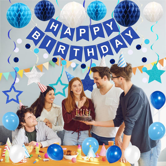 HEWUAUL blue Happy Birthday backdrop creates a bold stage for selfies.