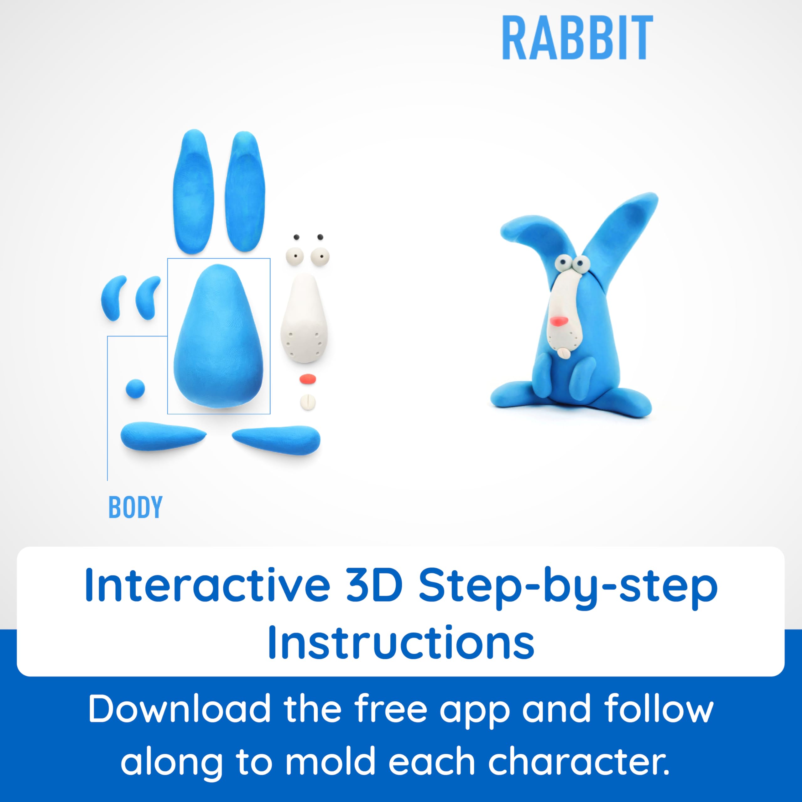 Hey Clay Animals with app guide showing step-by-step instructions for kids