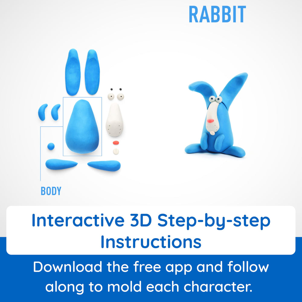 Hey Clay Animals with app guide showing step-by-step instructions for kids