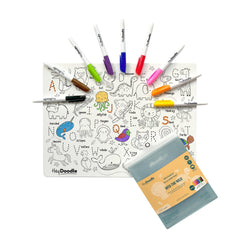 HeyDoodle Into The Wild doodle mat features animals aligned with each letter for alphabet learning.