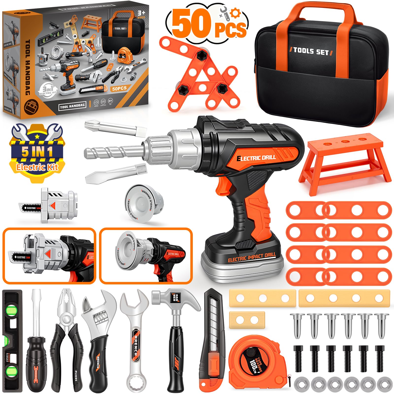 Heygelo 50Pcs Kids Tool Set electric drill in action supports imaginative play