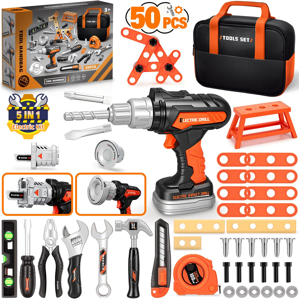 Heygelo 50Pcs Kids Tool Set electric drill in action supports imaginative play
