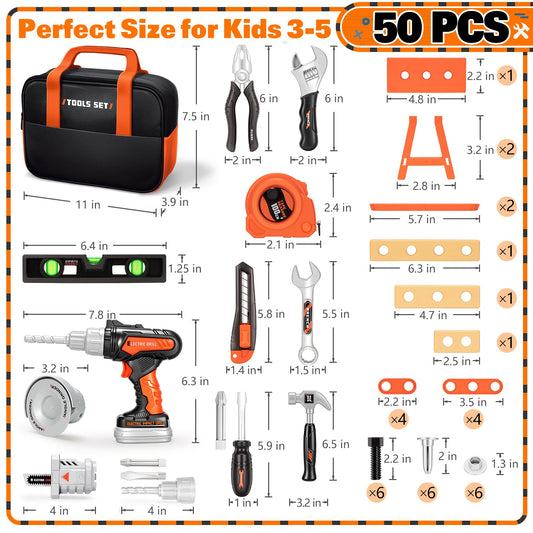 Heygelo 50Pcs Kids Tool Set toolbox with handle for easy cleanup