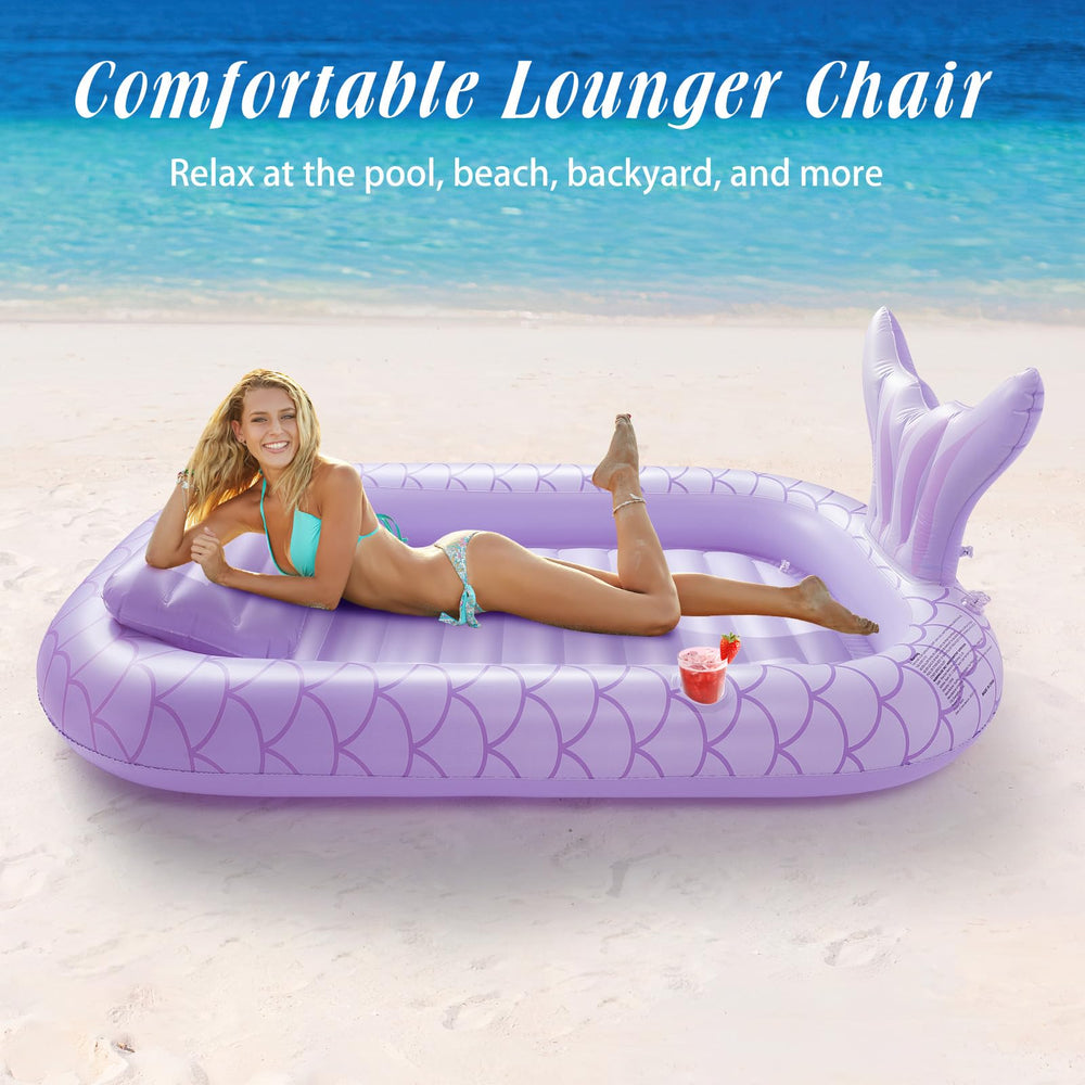 HeySplash inflatable tanning lounger purple, collapsible for storage and portability.