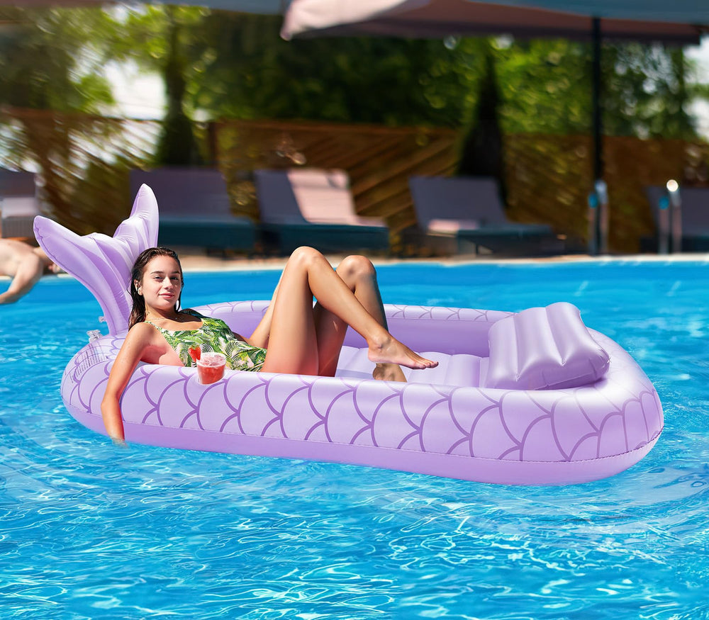 HeySplash inflatable tanning lounger purple, side view, dual cup holders for drinks.