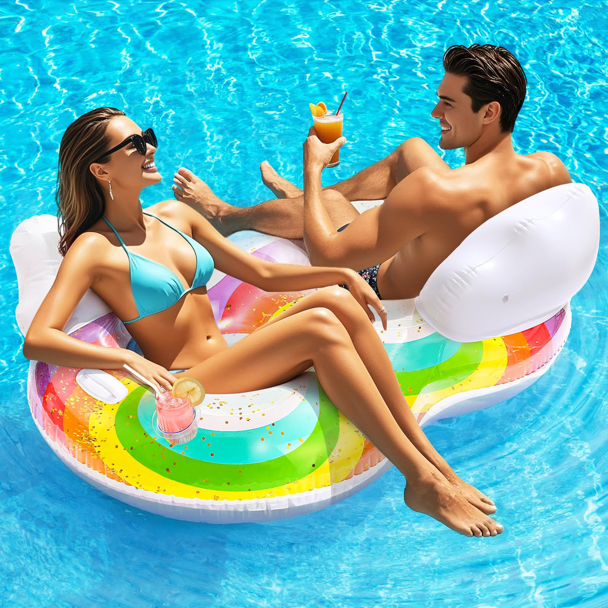 HeySplash rainbow float with 8 shape seat for two on the water.