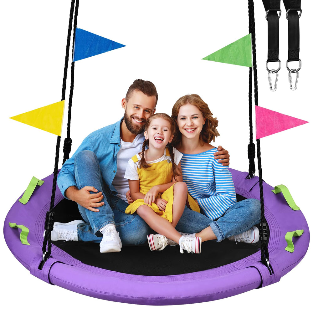 HeyZoo 48-inch purple saucer swing for family outdoor fun.