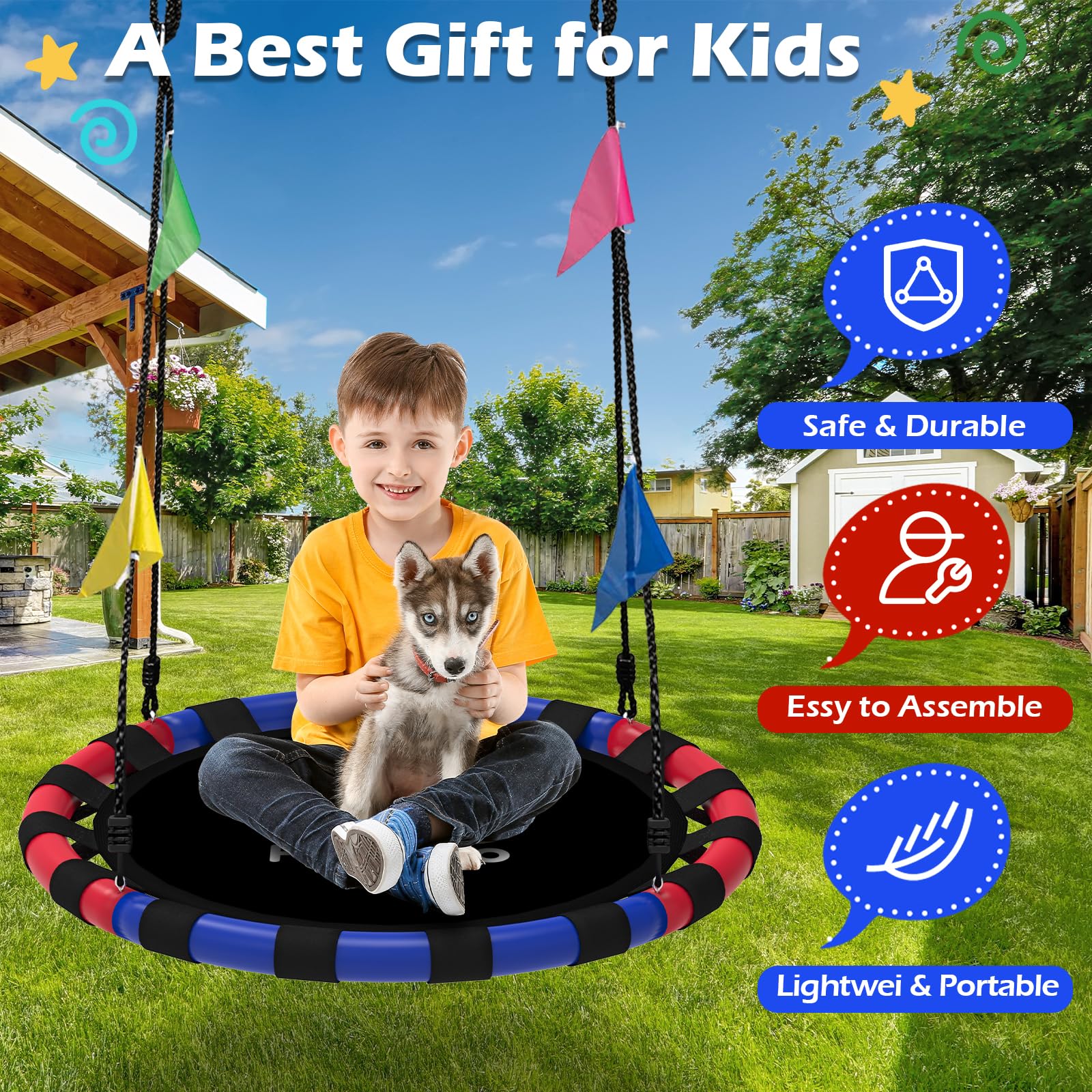 HeyZoo saucer swing shows 360-degree swivel for dynamic spins