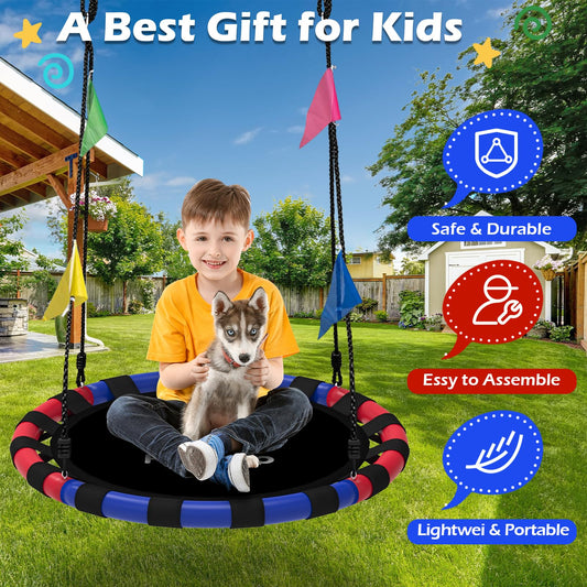 HeyZoo saucer swing shows 360-degree swivel for dynamic spins