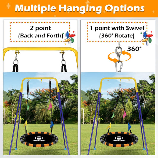 HeyZoo saucer swing in backyard setup shows safe, sturdy frame for kids' outdoor fun.