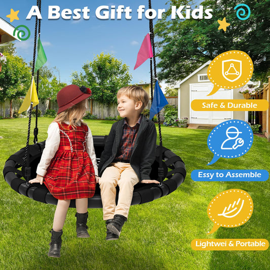 HeyZoo saucer swing shows durable galvanized frame and nylon webbing for safety