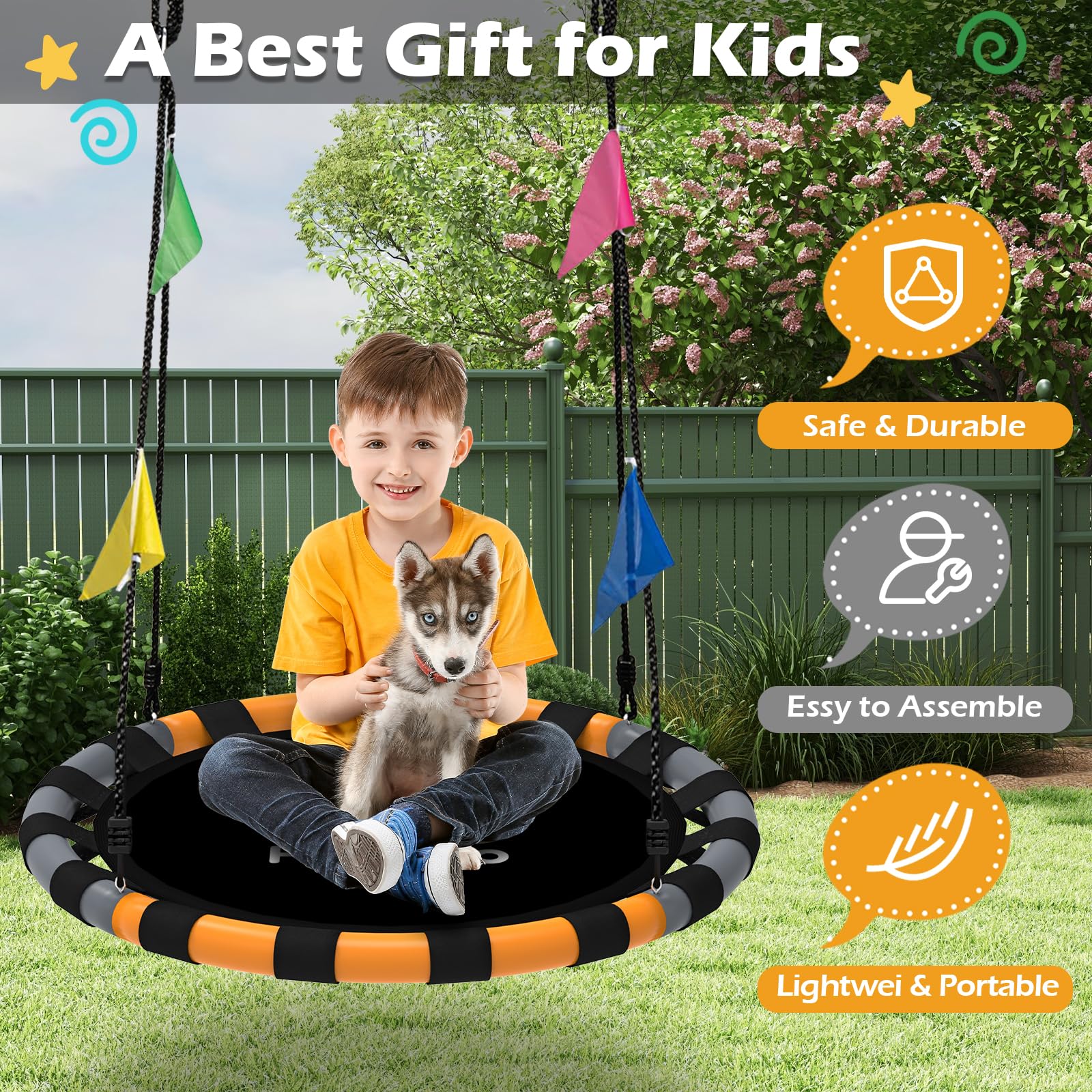 HeyZoo saucer swing foam-wrapped frame cushions collisions for comfortable long sessions.