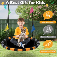 HeyZoo saucer swing foam-wrapped frame cushions collisions for comfortable long sessions.