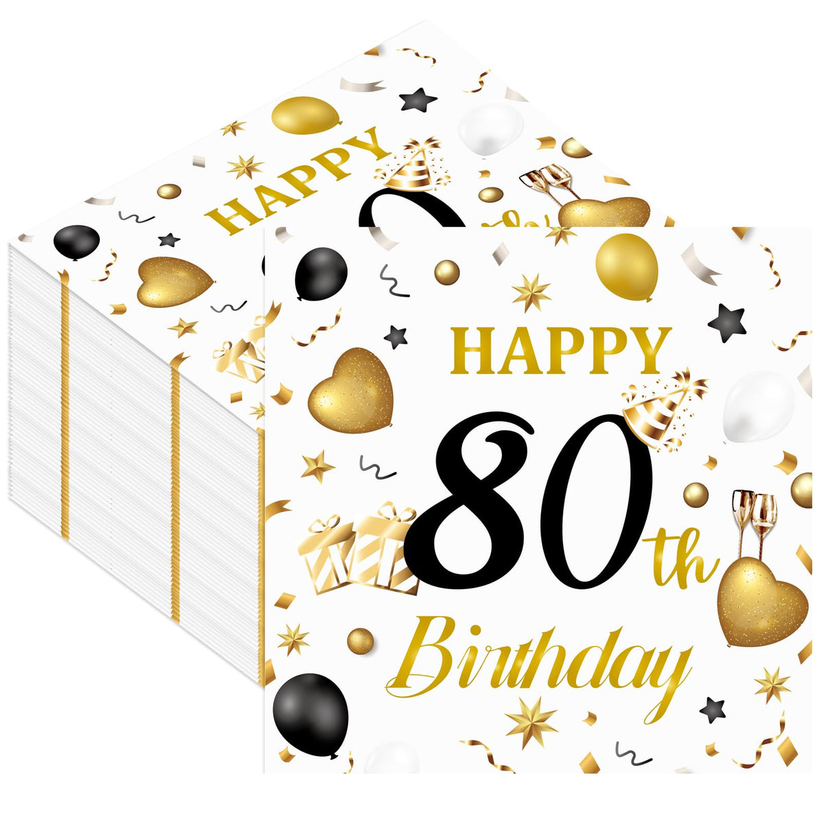 HFBOBP 80th birthday napkins white and gold pack for elegant celebrations.