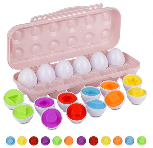 Hhyn color shape eggs with pink holder for toddlers and sorting play.