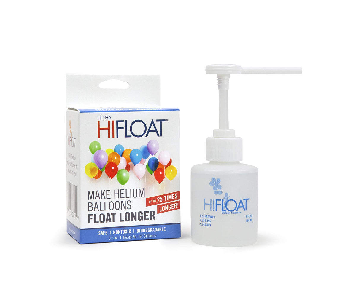 Hi-Float Ultra 5oz bottle with pump for balloon coating extends float time.
